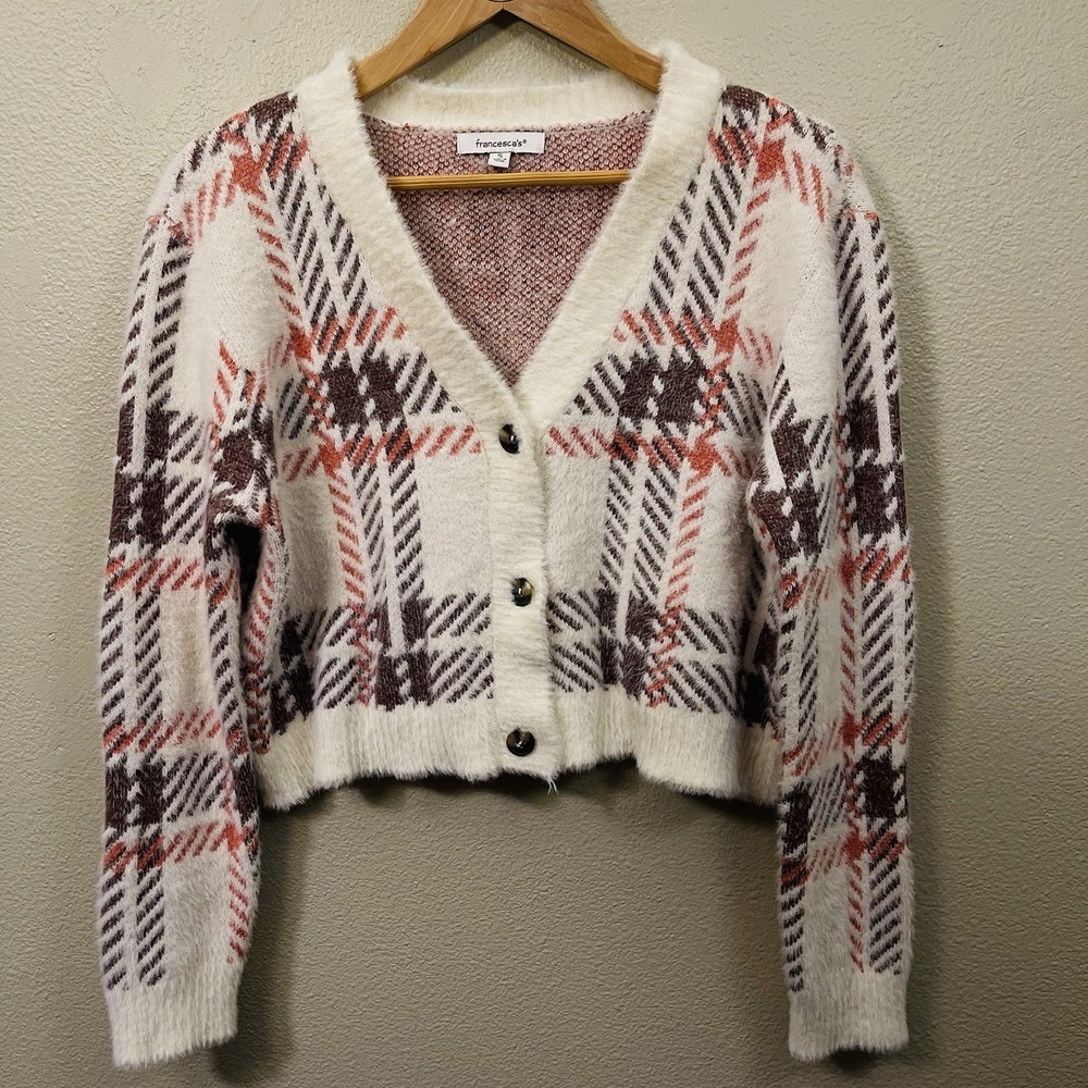 Francesca's Oversized Cropped Plaid Cardigan Fuzzy Cozy Academia‎ Y2K Size S